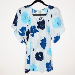Tucker Short Sleeve Classic Blouse Sapphire Poppies in Silk Crepe de Chine